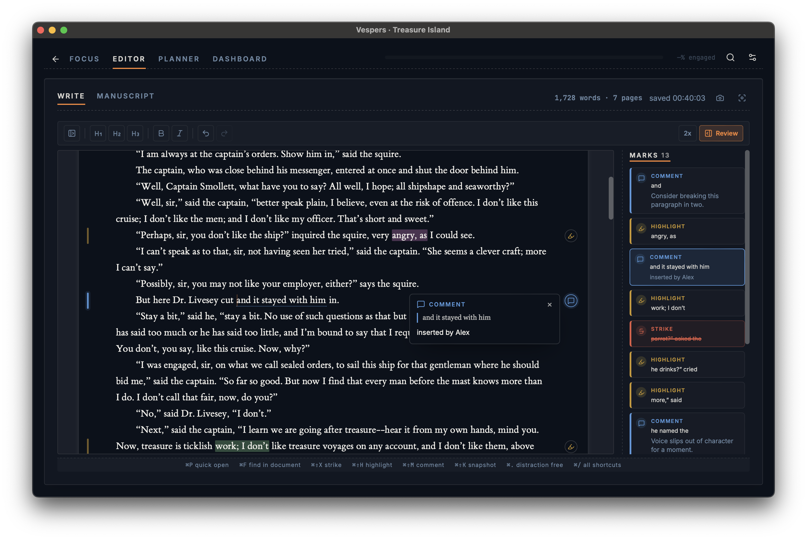 Vespers Editor in edit mode, showing a manuscript with editorial marks and the marks sidebar.