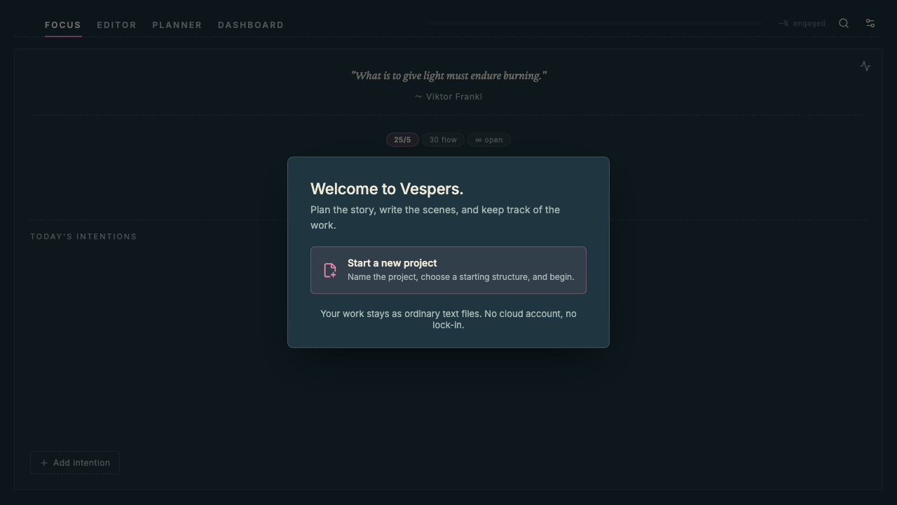 The Vespers welcome screen with a Start a new project button.
