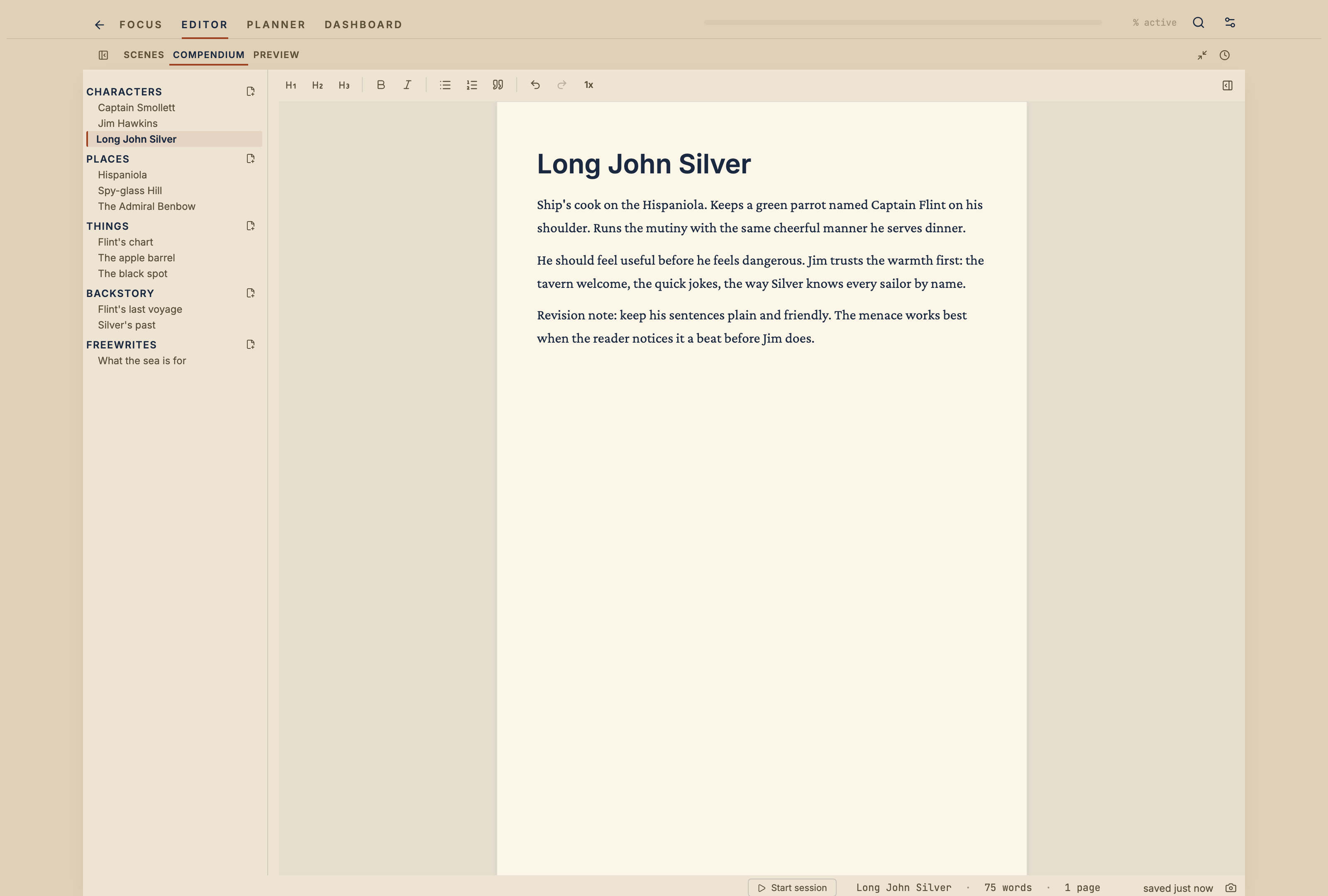 The Compendium showing entries for characters, places, things, backstory, and freewriting.