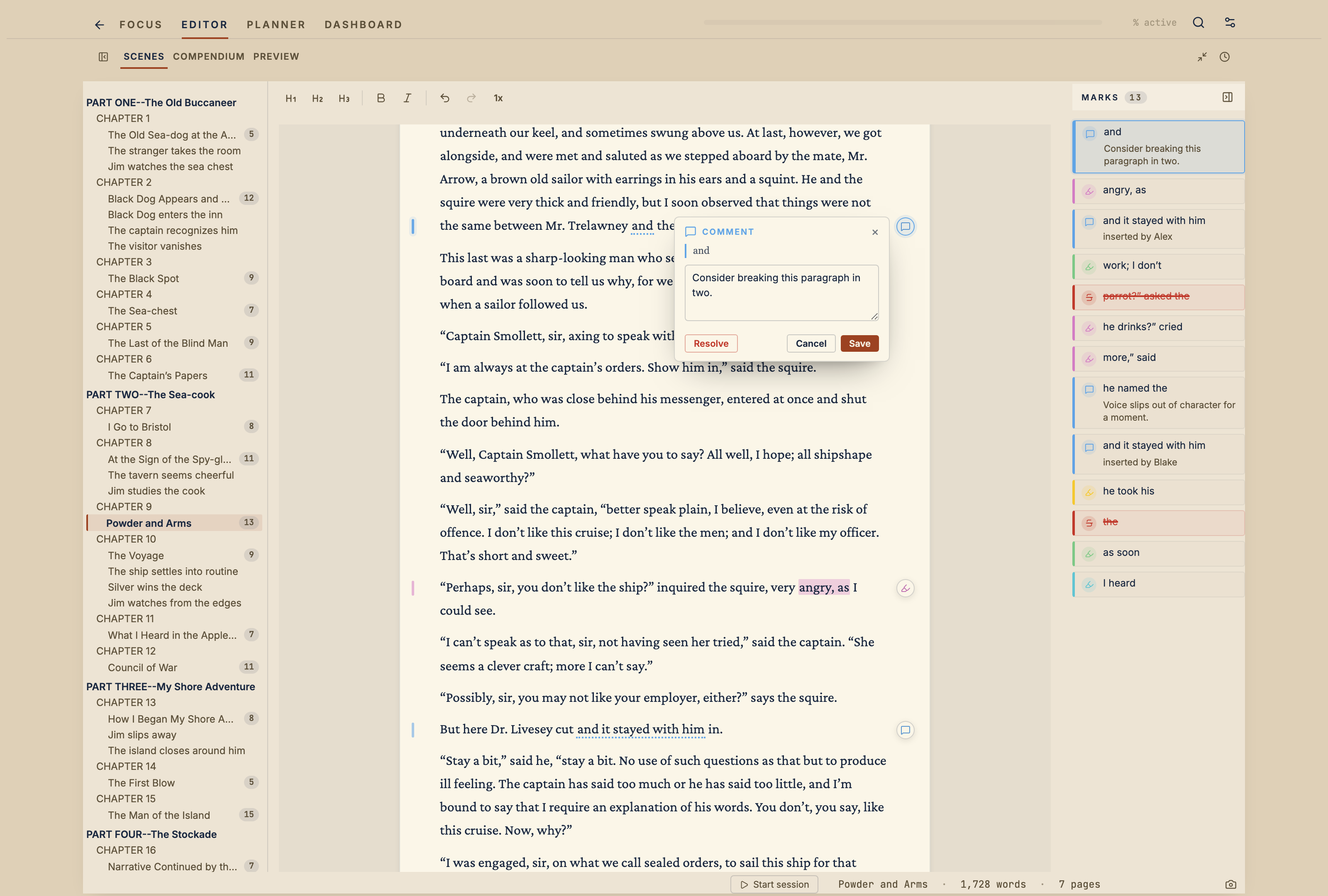 The Editor showing a scene with revision marks and the marks rail open.