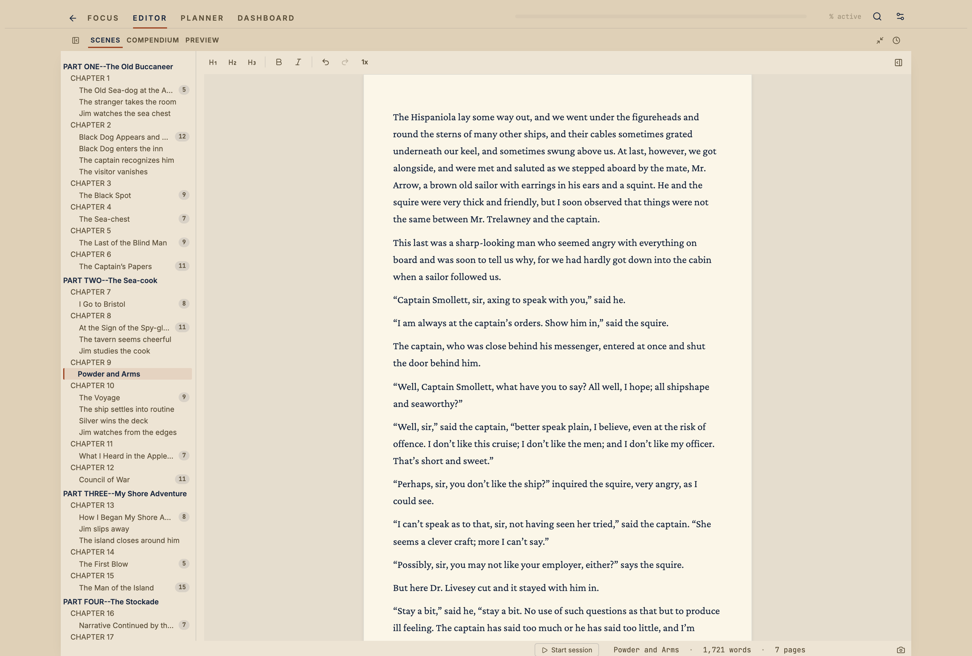 The Editor showing a scene open for writing, with the manuscript centered and the scene list beside it.