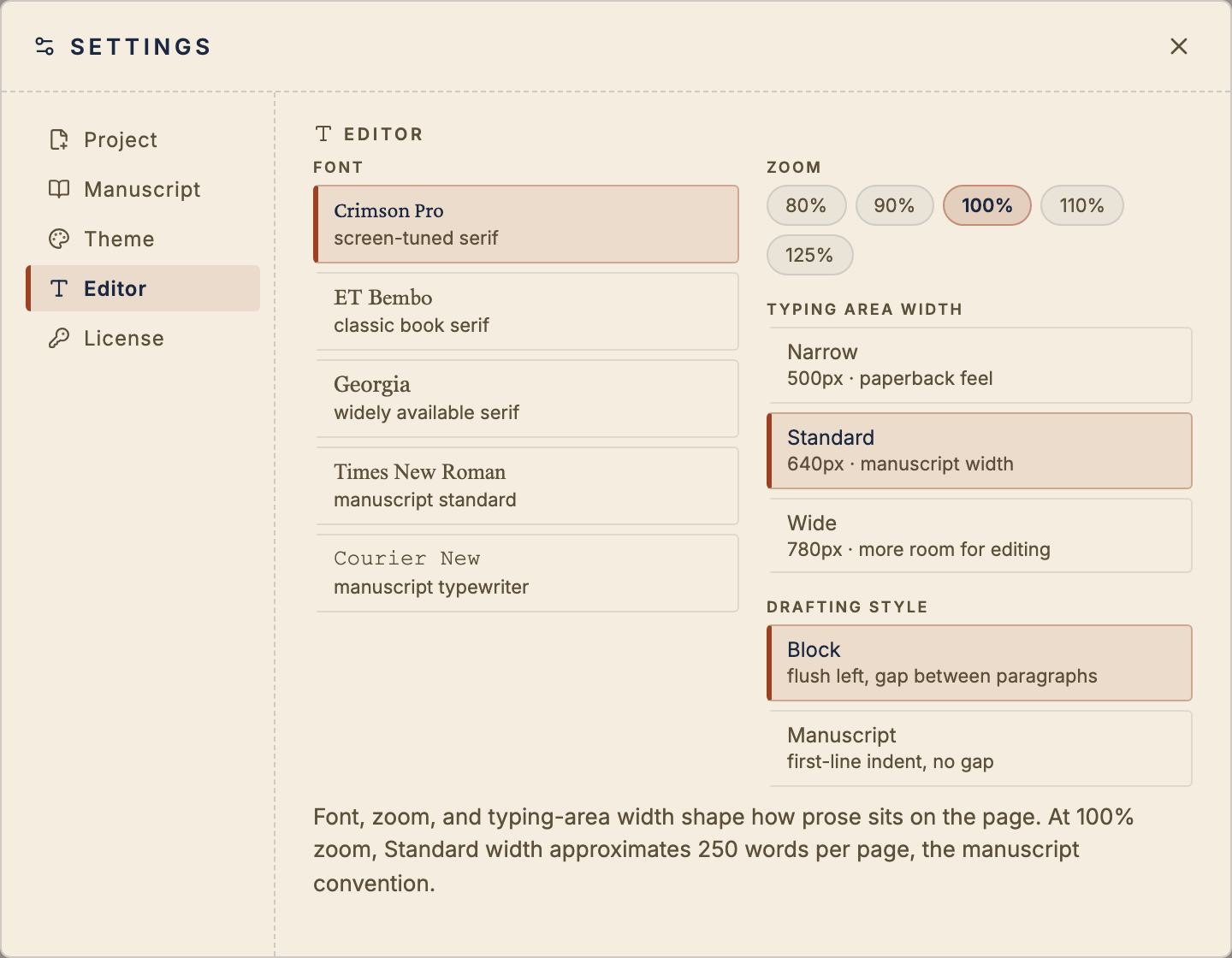 The Settings editor panel showing font, zoom, typing-area width, and drafting style options.