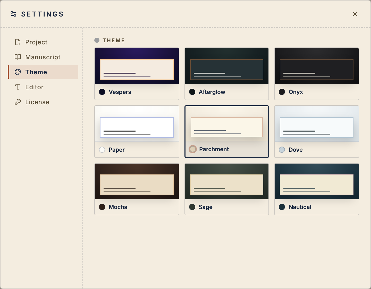 The Settings theme panel showing Vespers, Afterglow, Onyx, Paper, Parchment, Dove, Mocha, Sage, and Nautical.