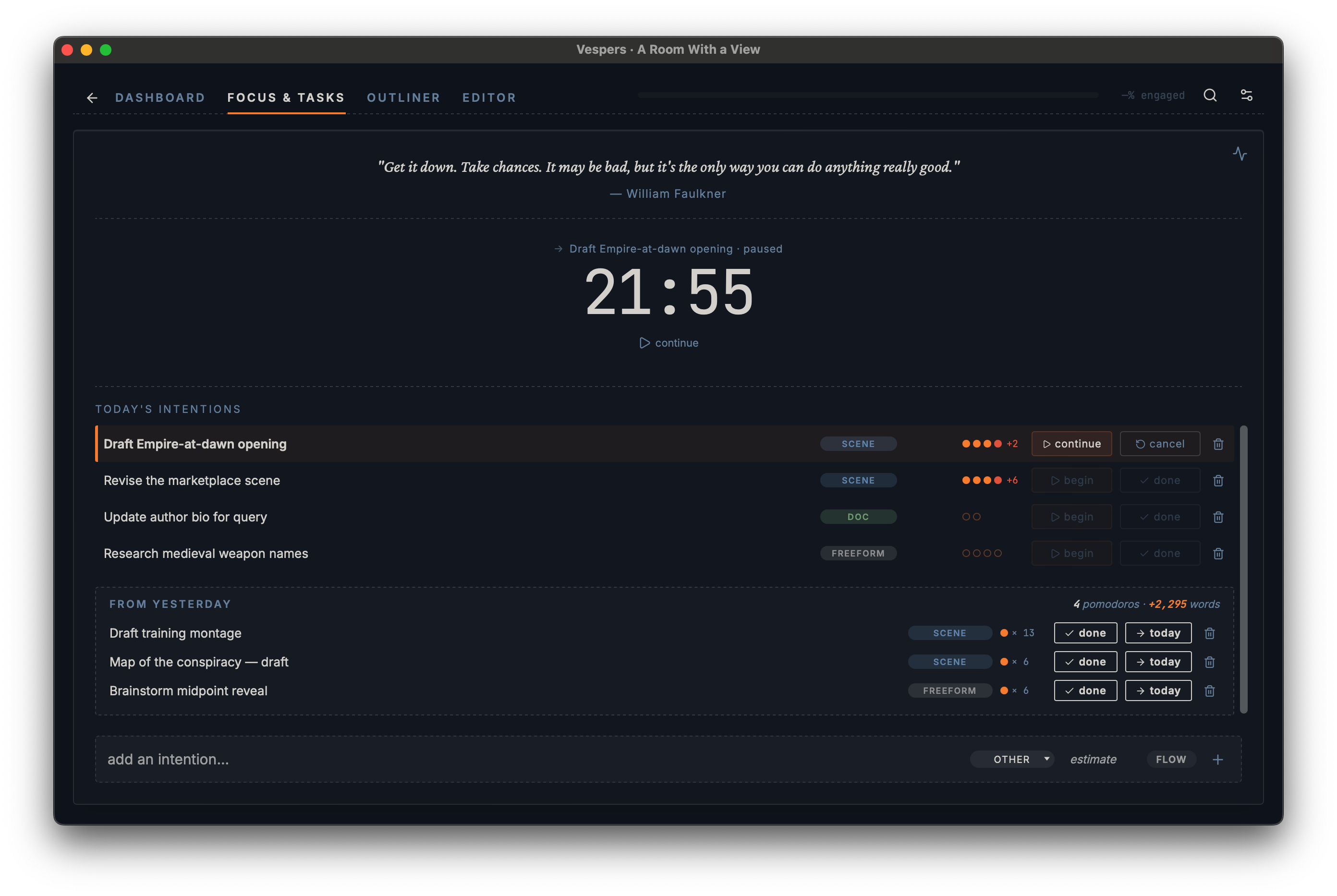 Vespers Focus & Tasks panel — pomodoro timer at 21:55 paused, today's intentions with per-task pomodoro pips, yesterday's carry-over section with quick 'done' and 'today' actions.