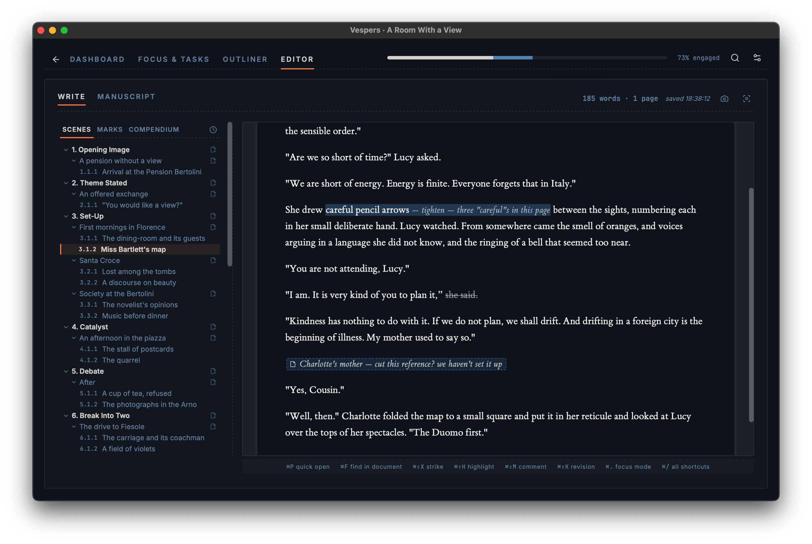 Vespers editor with an outline sidebar on the left showing beats, chapters, and scenes; prose on the right with a strikethrough, a highlight+comment, and a standalone post-it note visible.